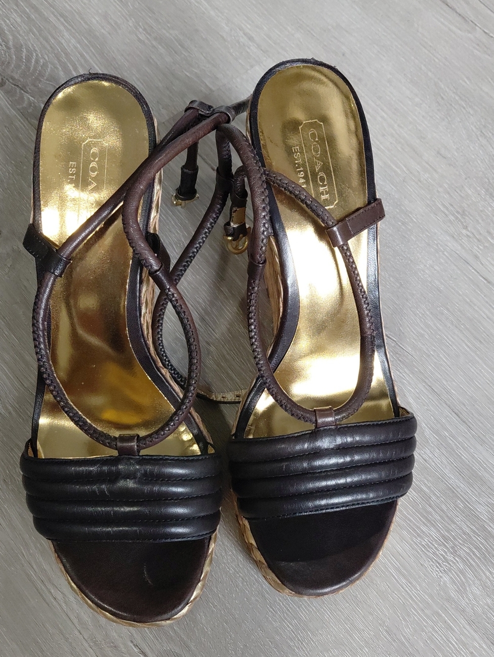Coach Dark Brown Leather Strappy Heeled Sandals with Gold Footbed